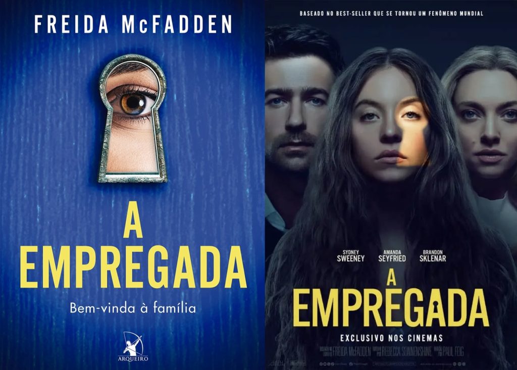 Montagem comparativa mostrando a capa do livro A Empregada de Freida McFadden e as atrizes do filme interpretando Millie e Nina.