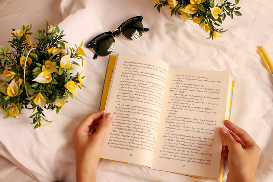 Livro de romance contemporâneo sob a luz do sol, evocando uma atmosfera de leitura de férias e leveza.